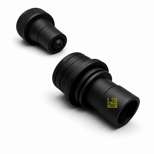 Trockenkupplung aus PE- elektrisch leitf&auml;hig, eine Seite IBC Anschluss S60x6 mit Kupplungsstecker, andere Seite Kupplungsdose mit Schwei&szlig;stutzen zum Stumpf- und IR Schwei&szlig;en