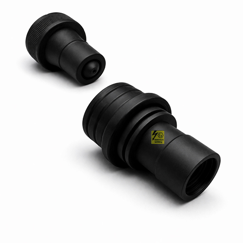 Trockenkupplung aus PE-elektrisch leitf&auml;hig, eine Seite IBC Anschluss S75x6 mit Kupplungsstecker, andere Seite Kupplungsdose mit Schwei&szlig;stutzen zum Stumpf- und IR Schwei&szlig;en